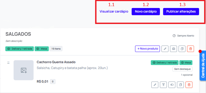 Botões do cardápio