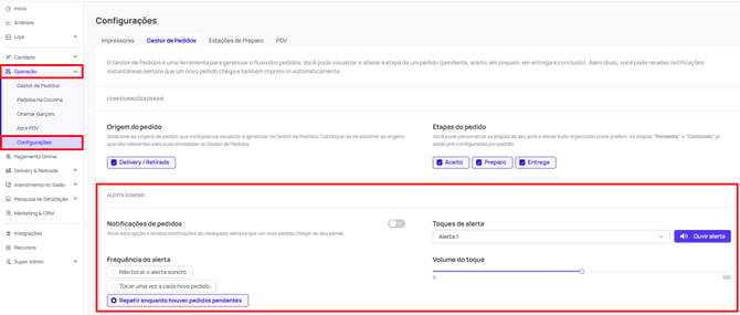 Tela geral da aba de Operação > Configurações (Configurações do Gestor de Pedidos)